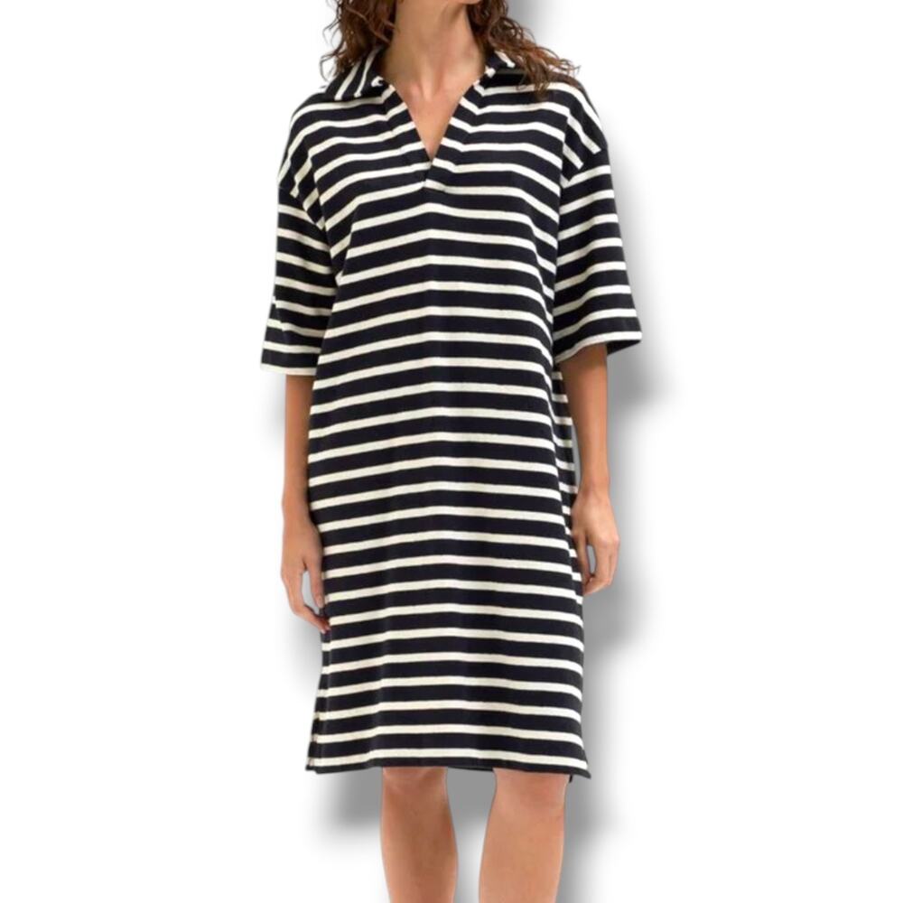 Selected Femme Organic Cotton Tala Stripes Polo Dress Medium‎ Black Capsule